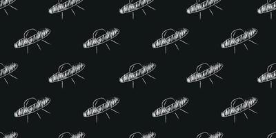 Doodle space seamless pattern in childish style. Hand drawn abstract ufo. Black and white. vector