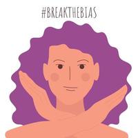 Break the bias concept. Feminist woman with cross arms. BreakTheBias campaign. Symbol of International Women's day.  Breaking stereotypes, inequality, rejecting, discrimination. Vector illustration