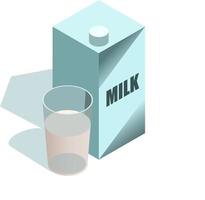 icono isométrico vectorial de caja de leche y vaso con leche vertida aislada sobre fondo blanco vector