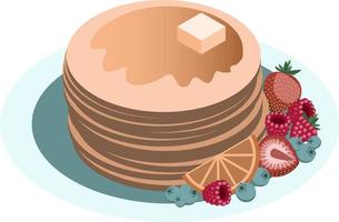 Vector isometric pancakes with assorted berries, blueberries, strawberries, raspberries, honey and butter