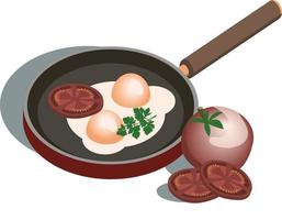 Vector isometric red frying pan with two eggs, tomatoes and parsley