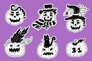 Jack o lantern stickers set. Hand drawn doodle vector illustrator of halloween pumpkins. White outlines.