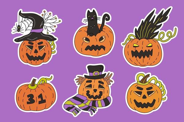 Jack o lantern stickers set. Hand drawn vector illustrator of halloween pumpkins. White outlines.