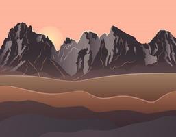 Stylish morning landscape with mountains and desert. Vector illustration. Summer nature landscape. Landscape with mountains for print design. Wallpapers with desert.