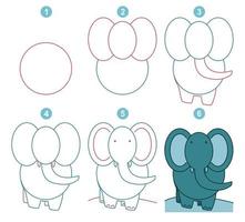 Instructions for drawing cute elephant. Follow step by step. Worksheet for kid learning to draw animals. Game for child vector page. Scheme for drawing elephant. Vector illustration