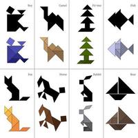 esquemas de juego de rompecabezas de tangram con diferentes objetos vector