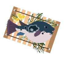 Funny puffer fish on a board with dill and lemons. Vector illustration