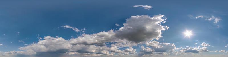 hdri 360 panorama of blue sky with white beautiful clouds. Seamless panorama with zenith for use in 3d graphics or game development as sky dome or edit drone shot for sky replacement photo