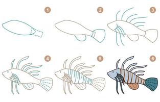 instrucciones para dibujar lindos peces cebra. sigue el paso del pez león. hoja de trabajo para niños aprendiendo a dibujar piscis. juego para la página de vectores infantiles. esquema para dibujar pez cebra. ilustración vectorial