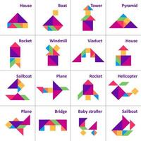 Tangram puzzle. Set of tangram transport and buildings. Jigsaw for kids. Vector set. Vector illustration