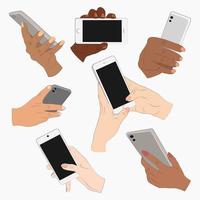 Set with hands holding mobile phones. Different position with blank screen. vector