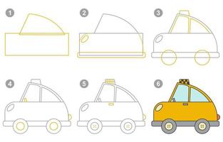 Instructions for drawing cute taxi. Follow step by step. Worksheet for kid learning to draw transport. Game for child vector page. Scheme for drawing taxi. Vector illustration