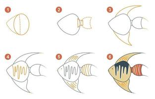 Instructions for drawing cute angelfish. Follow step by angelfish. Worksheet for kid learning to draw pisces. Game for child vector page. Scheme for drawing angelfish. Vector illustration