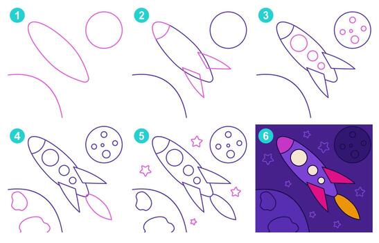 Instructions for drawing cute rocket. Follow step by rocket. Worksheet for kid learning to draw space transport. Game for child vector page. Scheme for drawing rocket. Vector illustration
