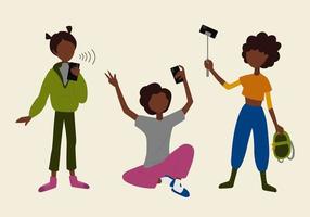 Fashionable young girls taking selfies on smartphone vector