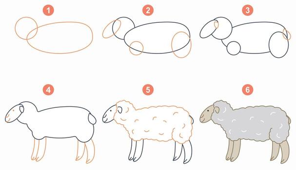 Instructions for drawing cute sheep. Follow step by step. Worksheet for kid learning to draw animals. Game for child vector page. Scheme for drawing sheep. Vector illustration