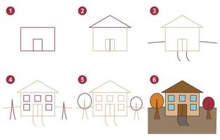 Instructions for drawing cute school. Follow step by step. Worksheet for kid learning to draw buildings. Game for child vector page. Scheme for drawing school. Vector illustration