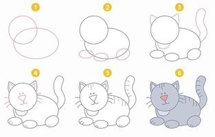 Instructions for drawing cute kitty. Follow step by step. Worksheet for kid learning to draw animals. Game for child vector page. Scheme for drawing kitten. Vector illustration
