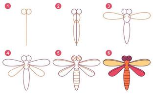 Instructions for drawing cute dragonfly. Follow step by step. Worksheet for kid learning to draw insects. Game for child vector page. Scheme for drawing dragonfly. Vector illustration