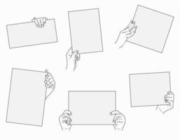 juego de manos sosteniendo un trozo de papel en blanco para mensajes. diseño plano. manos femeninas sosteniendo diferentes pancartas. ilustración vectorial vector