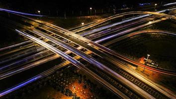 over Road city highway at night - Bird eye viwe - drone -Top view photo