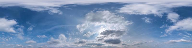 Seamless blue sky hdri panorama 360 degrees angle view with zenith and beautiful clouds for use in 3d graphics as sky dome or edit drone shot photo