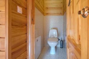 toilet and detail of a corner shower cabin with wall mount shower attachment photo