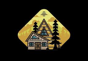 Aesthetic wood house between two pine tree illustration badge design vector