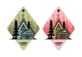 Aesthetic wood house between two pine tree illustration badge design vector