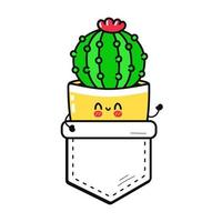 Lindo cactus divertido en bolsillo t-shirt print.vector dibujos animados doodle línea estilo carácter logo ilustración diseño. fondo blanco aislado. divertido estampado de cactus vintage para camiseta de bolsillo, concepto de ropa vector