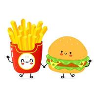 Linda hamburguesa feliz y tarjeta de papas fritas. diseño de icono de ilustración de personaje de dibujos animados de estilo de fideos dibujado a mano vectorial. feliz hamburguesa y papas fritas amigos concepto tarjeta vector