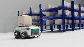 Car Robot transports truck Box with AI interface Object for manufacturing industry technology Product export and import of future Robot cyber in the warehouse by Arm mechanical future technology video