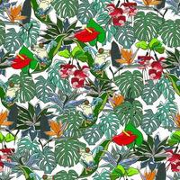 Tropical seamless pattern with exotic flowers, monstera, banana and palm leaves. vector