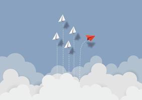 Business concept. Red paper airplane flying changing direction on blue sky of business teamwork and one different vision. Leader, New idea, boss, manager, winner concept, trend. Vector illustration