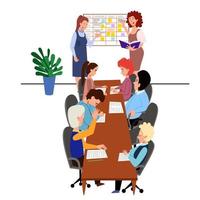 The concept of a working meeting of colleagues at the table. People s report on the topic of planning and problem solving. vector