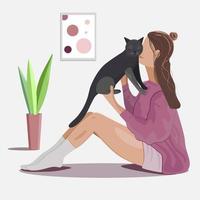 la chica sin rostro con un gran gato gris vector