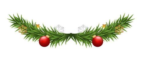 guirnalda de navidad verde. corona de feliz navidad con ramas de abeto, copos de nieve de plata dorada y bola 3d aislada en fondo blanco. diseño de decoración vectorial vector