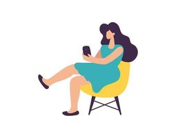 Cute vector young beautiful woman using mobile phone. simple flat girl sitting on chair isolated illustration