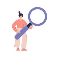 Flat vector woman holding magnifying glass or loupe and looking for information or something. Search, SEO or research concept. Optimization of finding websites, files