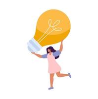 Cute flat woman holding bulb over her head. She has cool idea. Vector people have business idea or something. The concept of innovation, solution and creativity illustration