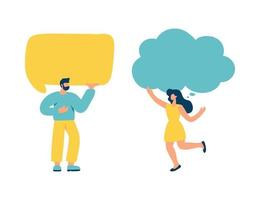 Young flat vector man and woman holding speech bubbles communication chat. Concept of announcement, advertising, promotion, business, empty template illustration