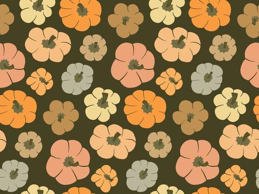 Cute vector seamless pattern background with top view pumpkins on dark green backdrop. Different various gourd in autumn warm color palette in simple hand drawn style. Fall wallpaper, texture
