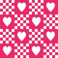 Cute y2k patchwork magenta fluorescent seamless pattern background, monochrome checkerboard with hearts backdrop. Modern, trendy vector design, aesthetic print for textile, wallpaper
