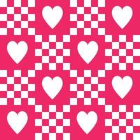 Cute y2k patchwork magenta fluorescent seamless pattern background, monochrome checkerboard with hearts backdrop. Modern, trendy vector design, aesthetic print for textile, wallpaper