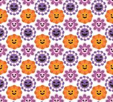 Spooky retro daisy flower with pumpkin style scary funny silly carved face with smile. Groovy retro Halloween wallpaper design, texture, print, textile vector