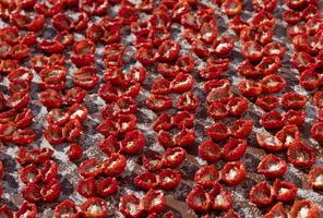 Lots of tomatoes lying next to each other for drying and canning. The tomatoes are salted. photo