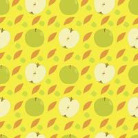 Pattern with green apples and leaves on a yellow background. For fabrics and paper. Vector. vector