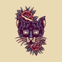 ilustración retro de gato y rosas vector