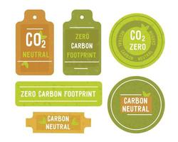 Carbon marking on label of food, clothing and other goods. Set of price tags, sticker with information about environmental safety. Zero carbon footprint. Vector illustration