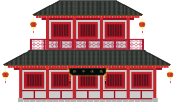 casa china de 2 plantas con linterna y letrero negro en el centro y estilo de color rojo blanco png